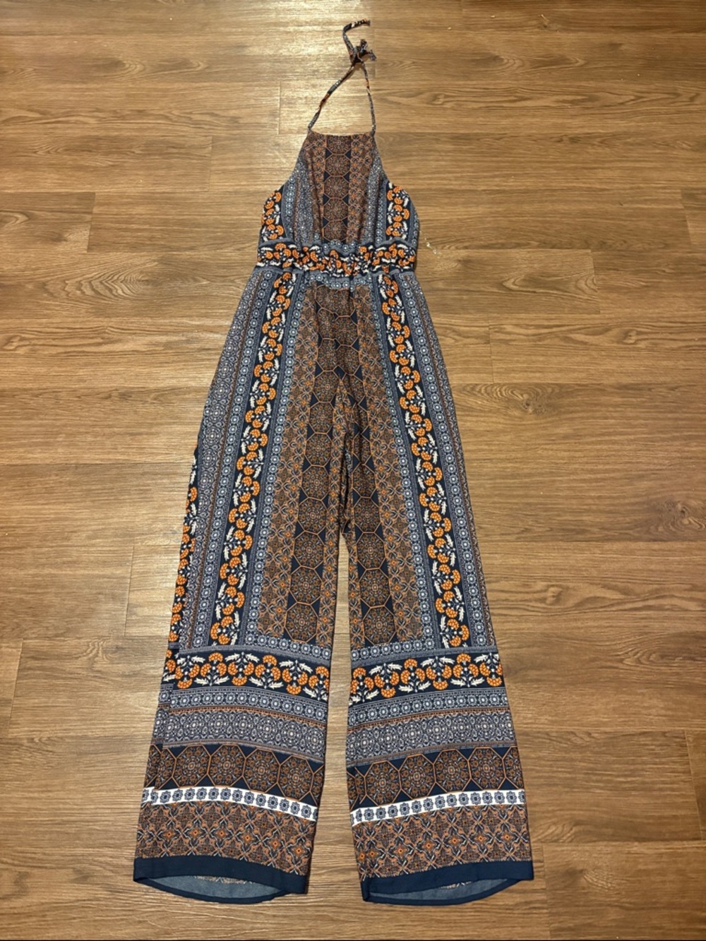 Halter-Style Boho Wide-Leg Jumpsuit in Navy and Orange